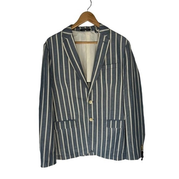 Scotch & Soda Men’s Herringbone Striped Blue Linen Blend Blazer Jacket Size XL - Picture 2 of 9